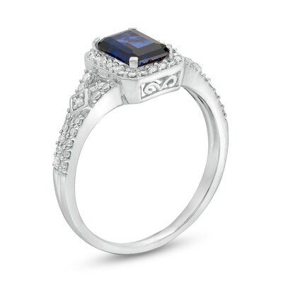 Emerald-Cut Lab-Created Blue Sapphire and 0.04 CT. T.W. Diamond Frame Split Shank Ring in Sterling Silver