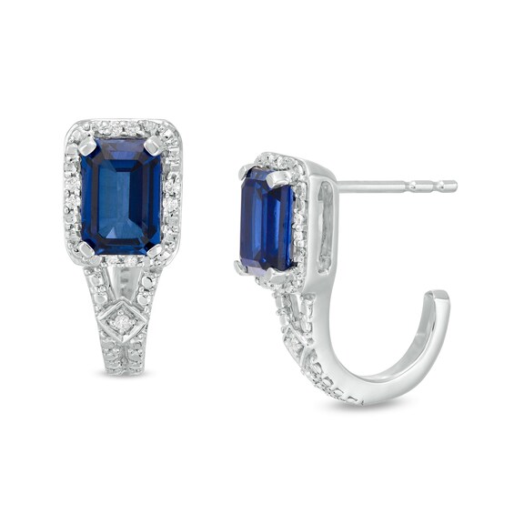 Emerald-Cut Lab-Created Blue Sapphire and 0.04 CT. T.W. Diamond Frame J-Hoop Earrings in Sterling Silver