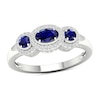 Thumbnail Image 0 of Blue Sapphire and 0.12 CT. T.W. Diamond Frame Three Stone Vintage-Style Ring in 10K White Gold