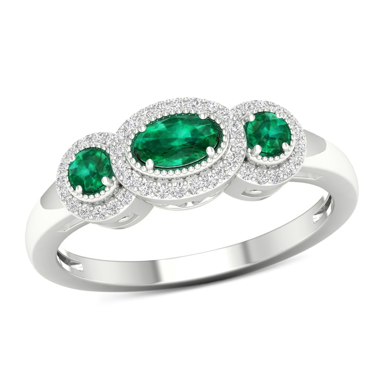 Emerald and 0.117 CT. T.W. Diamond Frame Vintage-Style Ring in 10K White Gold