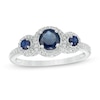 Thumbnail Image 0 of Blue Sapphire and 0.15 CT. T.W. Diamond Frame Three Stone Ring in 10K White Gold