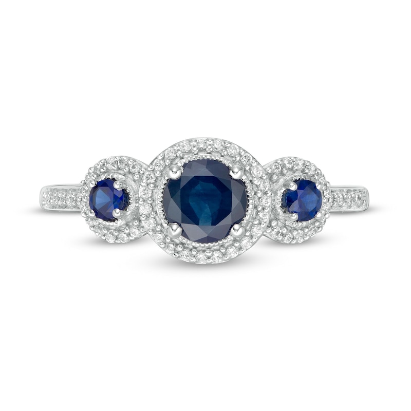 Blue Sapphire and 0.15 CT. T.W. Diamond Frame Three Stone Ring in 10K White Gold
