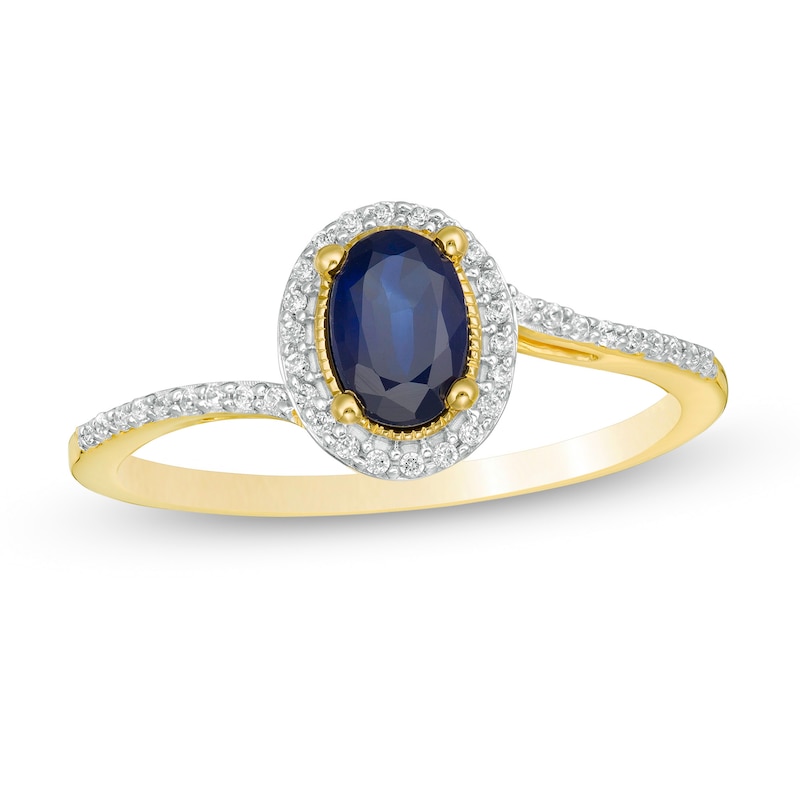 Oval Blue Sapphire and 0.12 CT. T.W. Diamond Frame Bypass Ring in 10K Gold|Peoples Jewellers