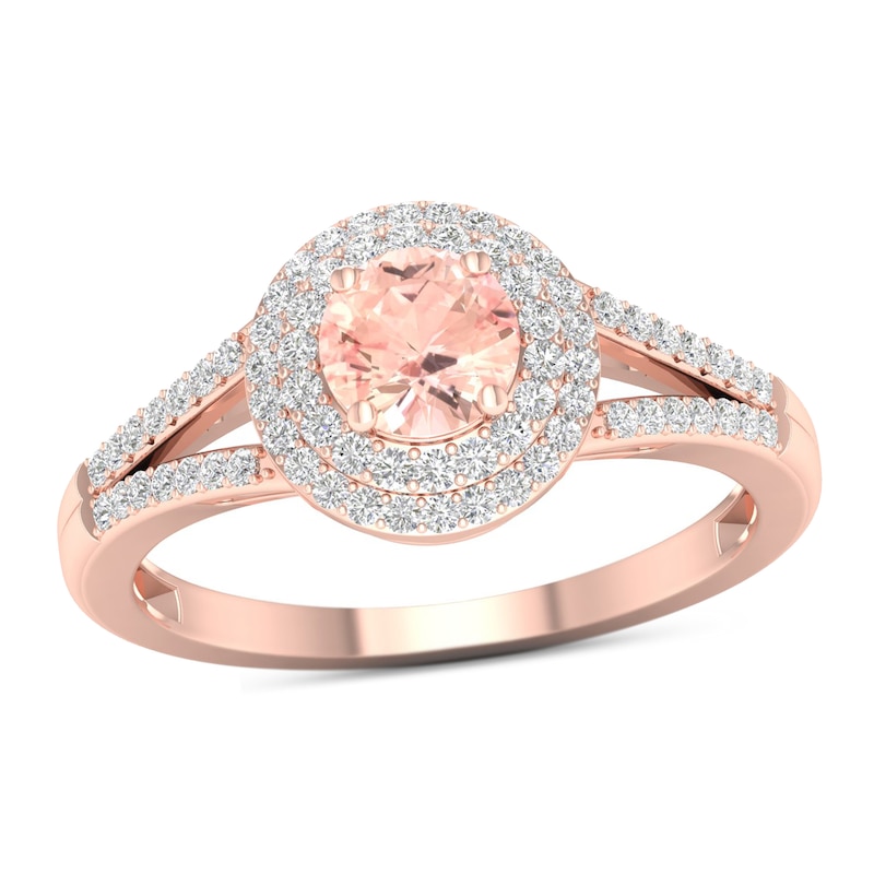 5.0mm Morganite and 0.20 CT. T.W. Diamond Double Frame Split Shank Ring in 10K Rose Gold