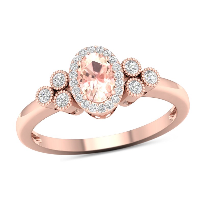 Oval Morganite and 0.15 CT. T.W. Diamond Frame Tri-Sides Ring in 10K Rose Gold