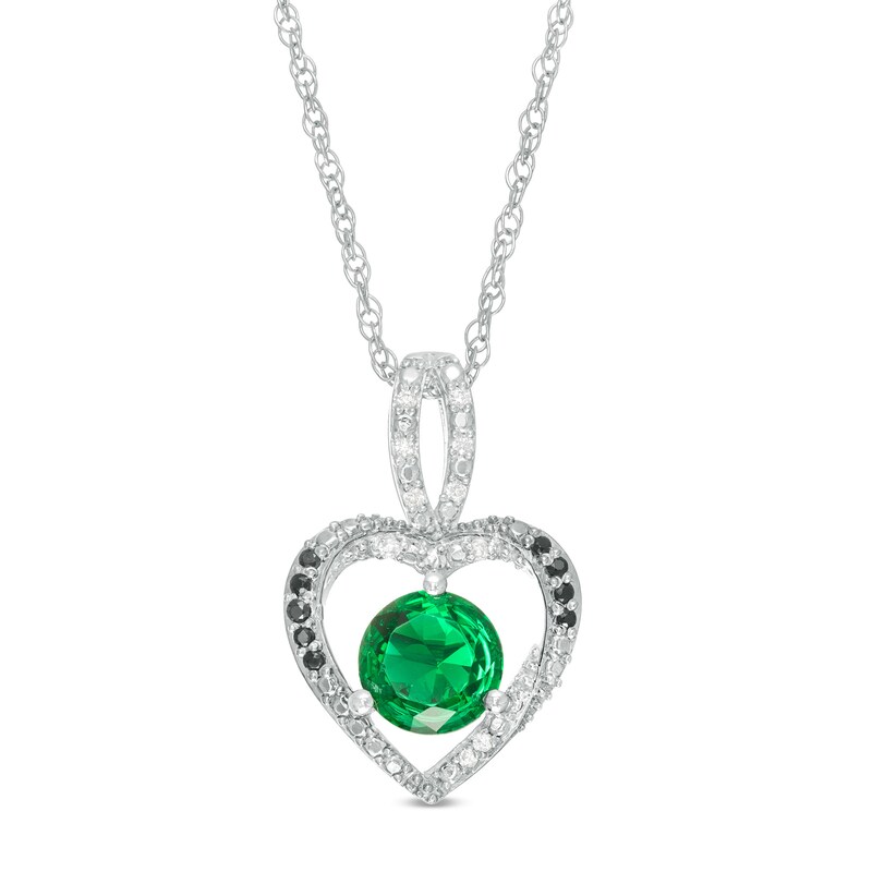 Lab-Created Emerald and 0.065 CT. T.W. Enhanced Black and White Diamond Heart Pendant in Sterling Silver