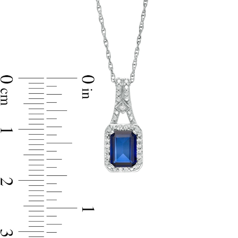 Emerald-Cut Lab-Created Blue Sapphire and 0.04 CT. T.W. Diamond Frame Drop Pendant in Sterling Silver
