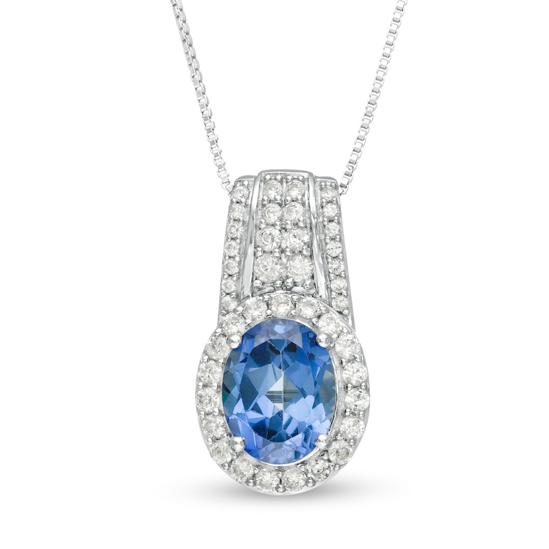 Oval Lab-Created Blue and White Sapphire Drop Pendant in Sterling Silver