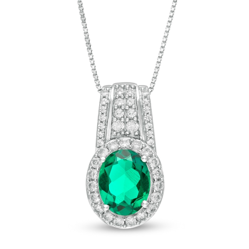 Oval Lab-Created Emerald and White Sapphire Drop Pendant in Sterling Silver