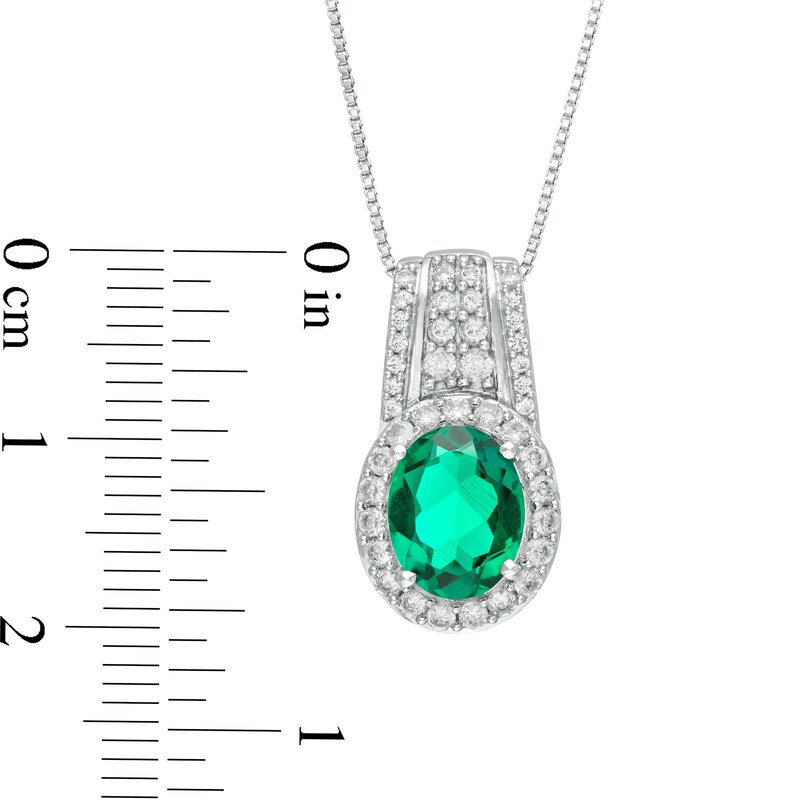 Oval Lab-Created Emerald and White Sapphire Drop Pendant in Sterling Silver