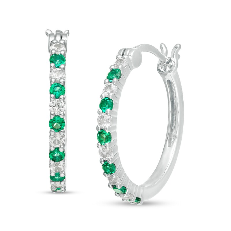 Main Image 1 of Alternating Lab-Created Emerald and White Sapphire Hoop Earrings in Sterling Silver