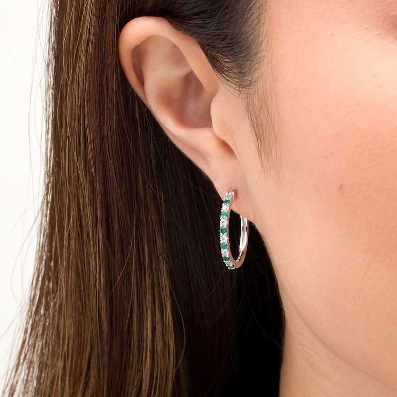 Alternating Lab-Created Emerald and White Sapphire Hoop Earrings in Sterling Silver|Peoples Jewellers
