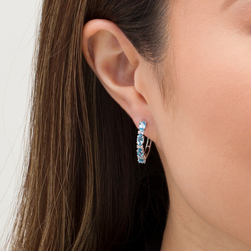 Oval Swiss Blue Topaz and Lab-Created White Sapphire Hoop Earrings in Sterling Silver