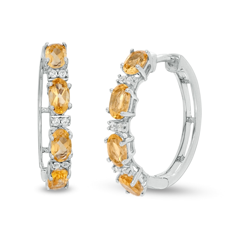 Oval Citrine and Lab-Created White Sapphire Hoop Earrings in Sterling Silver