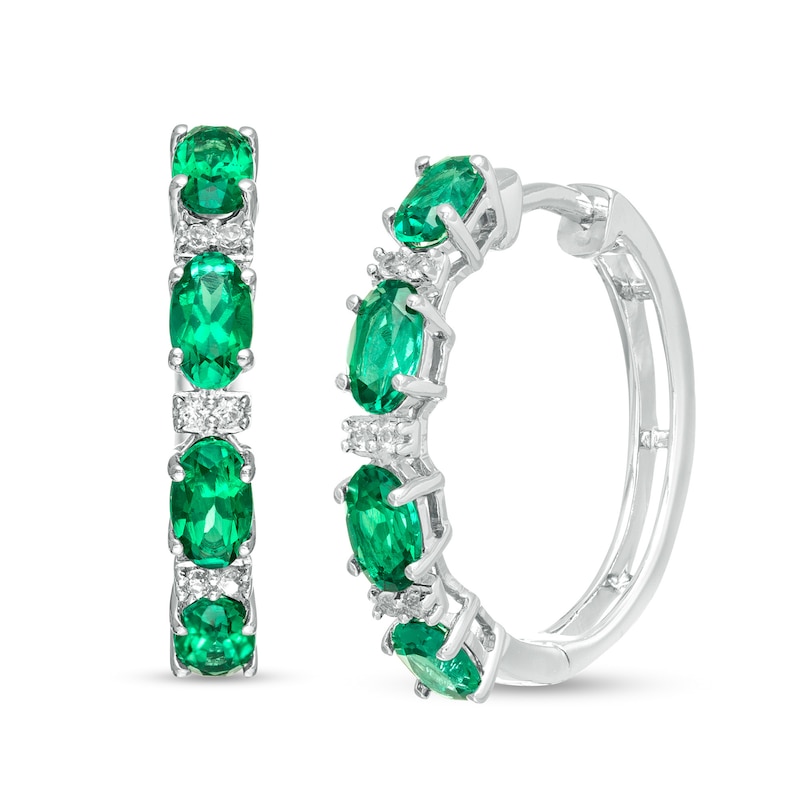 Alternating Oval Lab-Created Emerald and Round White Sapphire Hoop Earrings in Sterling Silver