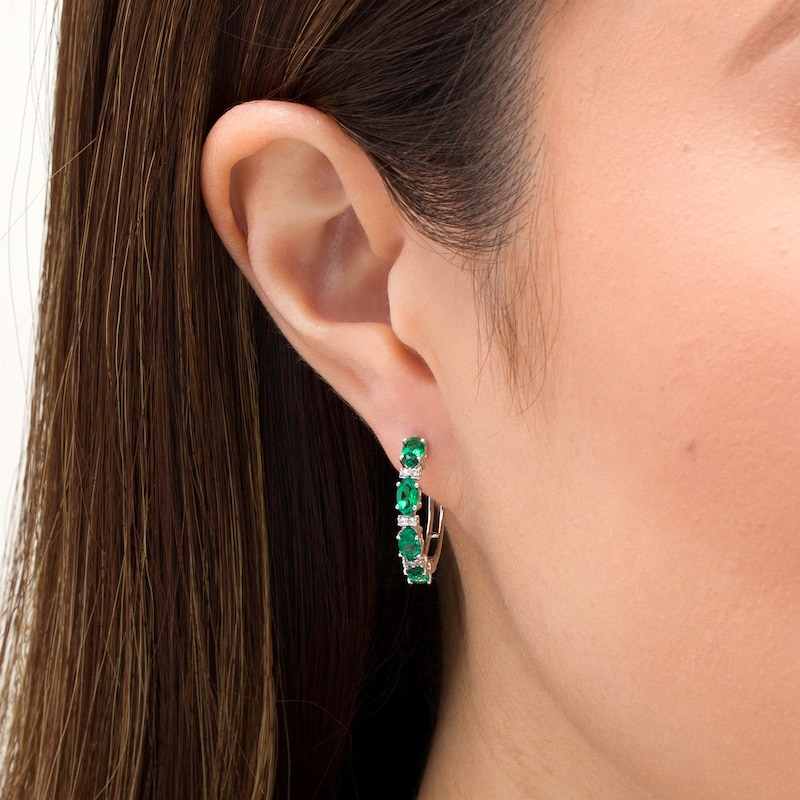 Alternating Oval Lab-Created Emerald and Round White Sapphire Hoop Earrings in Sterling Silver