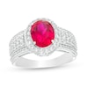 Thumbnail Image 0 of Oval Lab-Created Ruby and White Sapphire Frame Multi-Row Ring in Sterling Silver