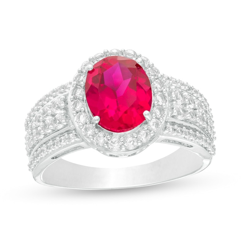Oval Lab-Created Ruby and White Sapphire Frame Multi-Row Ring in Sterling Silver
