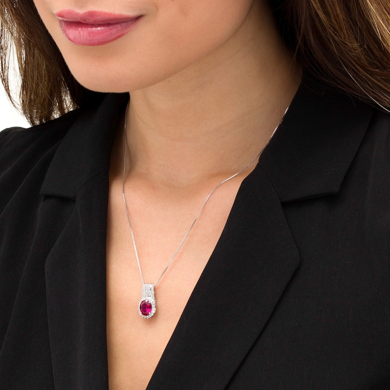 Oval Lab-Created Ruby and White Sapphire Drop Pendant in Sterling Silver|Peoples Jewellers