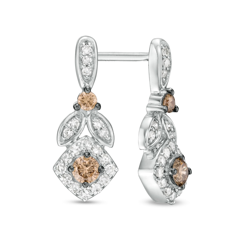 0.33 CT. T.W. Champagne and White Diamond Tilted Cushion Frame Drop Earrings in 10K White Gold