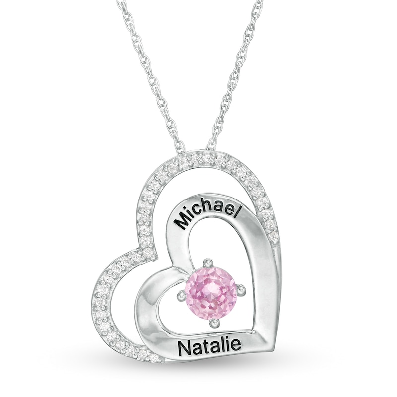 5.0mm Simulated Birthstone and Lab-Created White Sapphire Double Heart Pendant in Sterling Silver (1 Stone and 2 Lines)