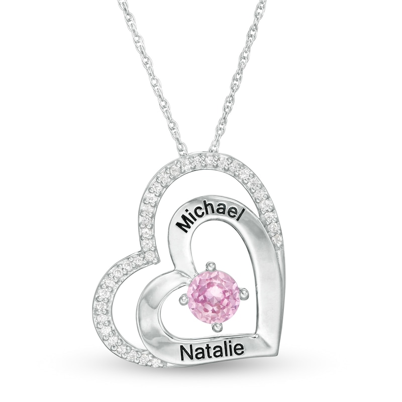 Main Image 1 of 5.0mm Simulated Birthstone and Lab-Created White Sapphire Double Heart Pendant in Sterling Silver (1 Stone and 2 Lines)