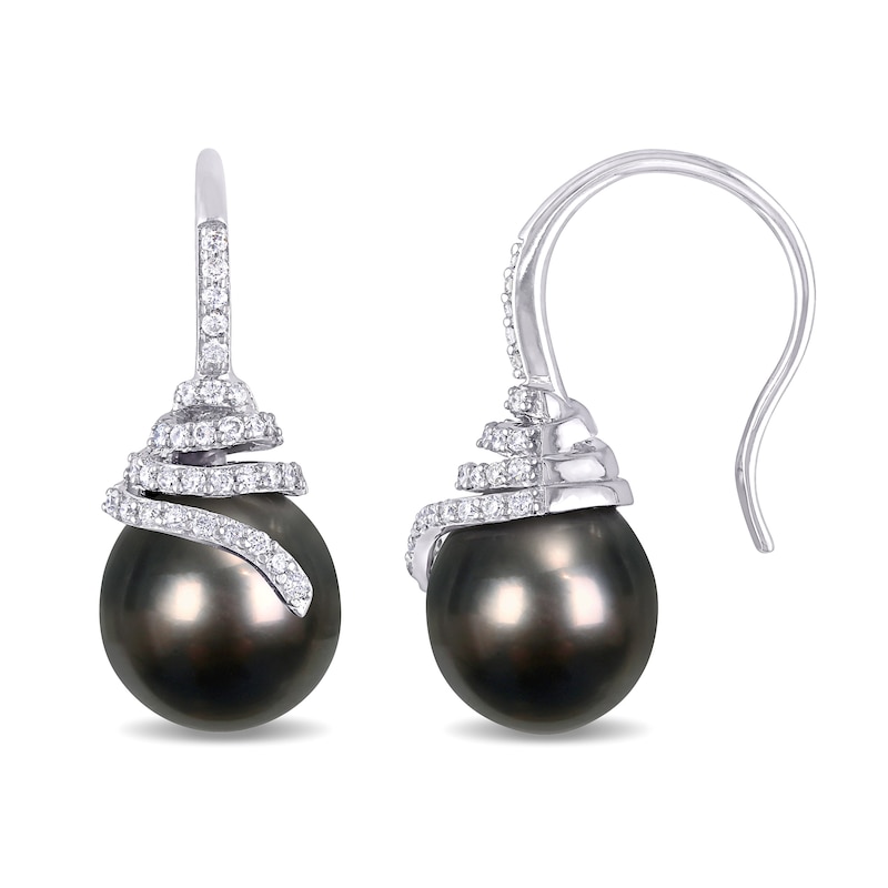 10.0-10.5mm Baroque Black Cultured Tahitian Pearl and 0.32 CT. T.W. Diamond Coil Drop Earrings in 14K White Gold|Peoples Jewellers