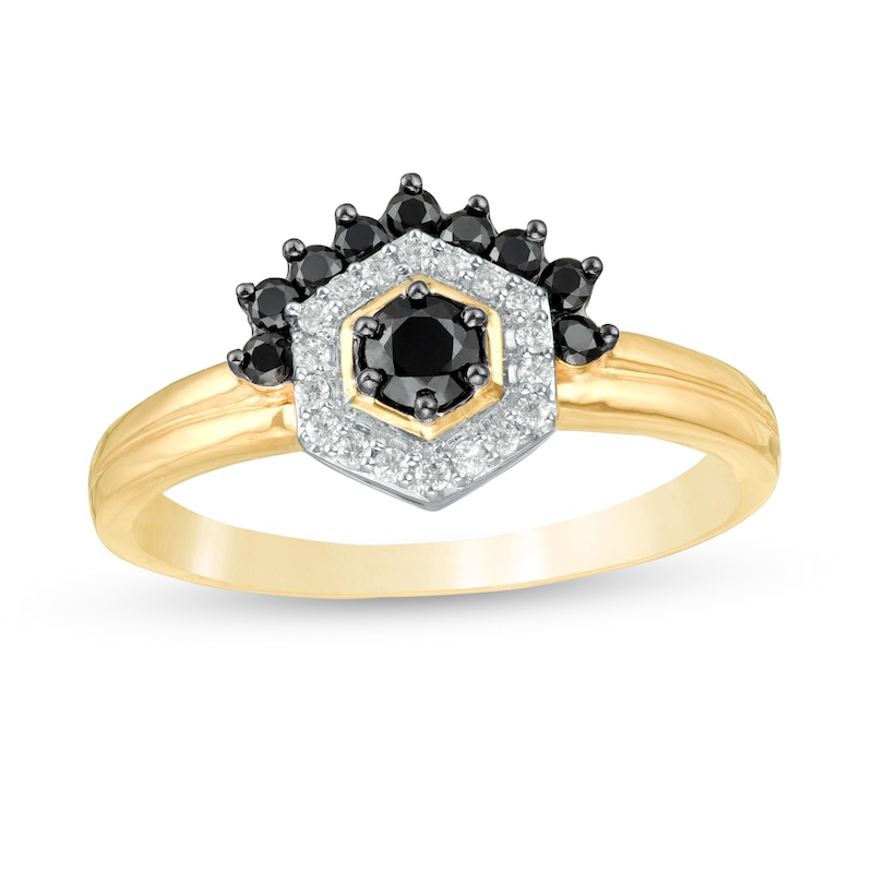 0.29 CT. T.W. Enhanced Black and White Diamond Hexagonal Frame Tiara Ring in 10K Gold|Peoples Jewellers