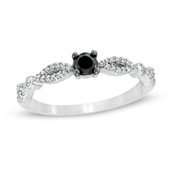 0.23 CT. T.W. Enhanced Black and White Diamond Alternating Marquise Promise Ring in 10K White Gold