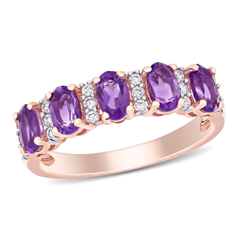 Oval Amethyst and 0.16 CT. T.W. Diamond Five Stone Ring in 14K Rose Gold|Peoples Jewellers