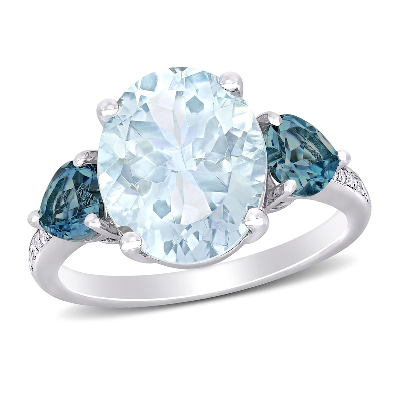 Oval Aquamarine, Heart-Shaped London Blue Topaz and 0.04 CT. T.W. Diamond Ring in Sterling Silver|Peoples Jewellers
