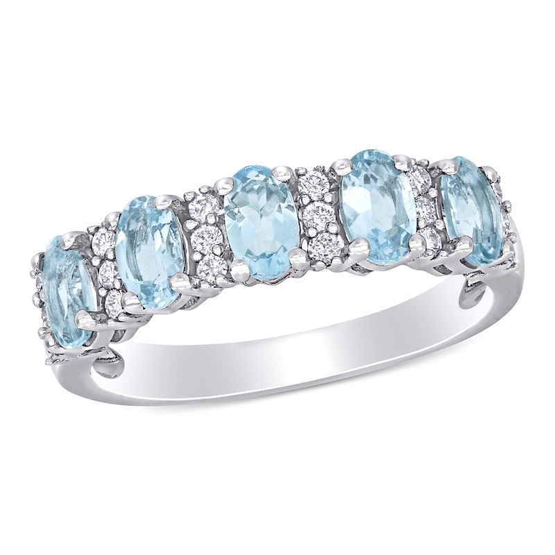 Oval Aquamarine and 0.16 CT. T.W. Diamond Five Stone Ring in 14K White Gold|Peoples Jewellers