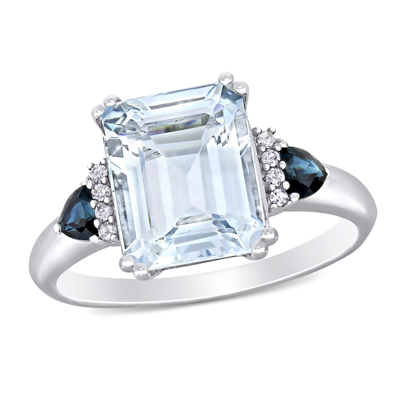 Emerald-Cut Aquamarine, Trillion-Cut Blue Sapphire and 0.04 CT. T.W. Diamond Collar Ring in Sterling Silver|Peoples Jewellers
