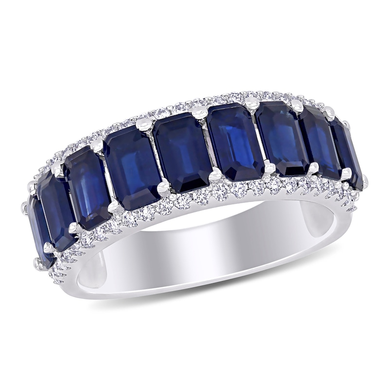 Emerald-Cut Blue Sapphire and 0.28 CT. T.W. Diamond Edge Band in 14K White Gold|Peoples Jewellers