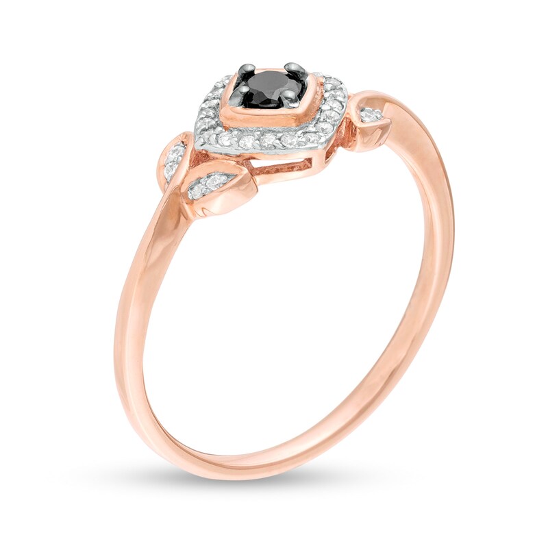 Main Image 3 of 0.18 CT. T.W. Enhanced Black and White Diamond Tilted Cushion Frame Leaf-Sides Promise Ring in 10K Rose Gold