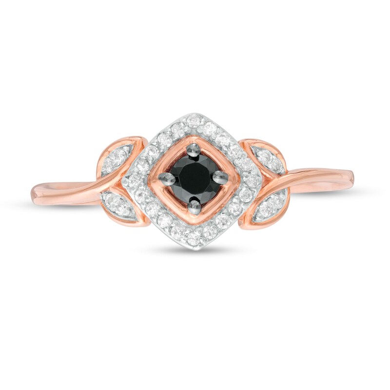 Main Image 4 of 0.18 CT. T.W. Enhanced Black and White Diamond Tilted Cushion Frame Leaf-Sides Promise Ring in 10K Rose Gold