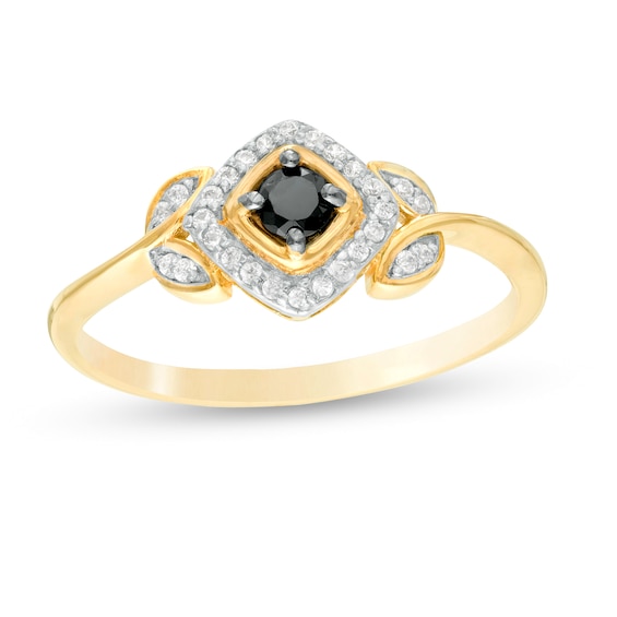 0.18 CT. T.W. Enhanced Black and White Diamond Tilted Cushion Frame Leaf Shank Promise Ring in 10K Gold