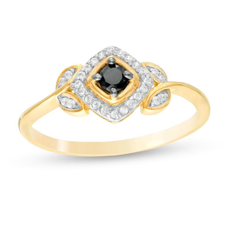 0.18 CT. T.W. Enhanced Black and White Diamond Tilted Cushion Frame Leaf Shank Promise Ring in 10K Gold
