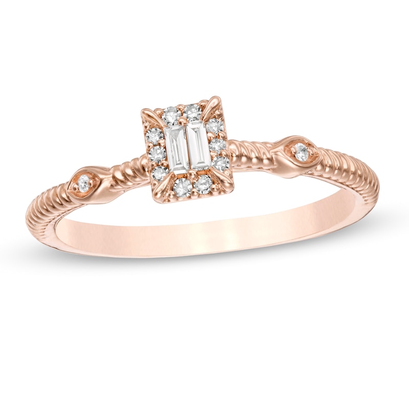 Main Image 1 of 0.10 CT. T.W. Baguette and Round Diamond Vintage-Style Rope Shank Promise Ring in 10K Rose Gold