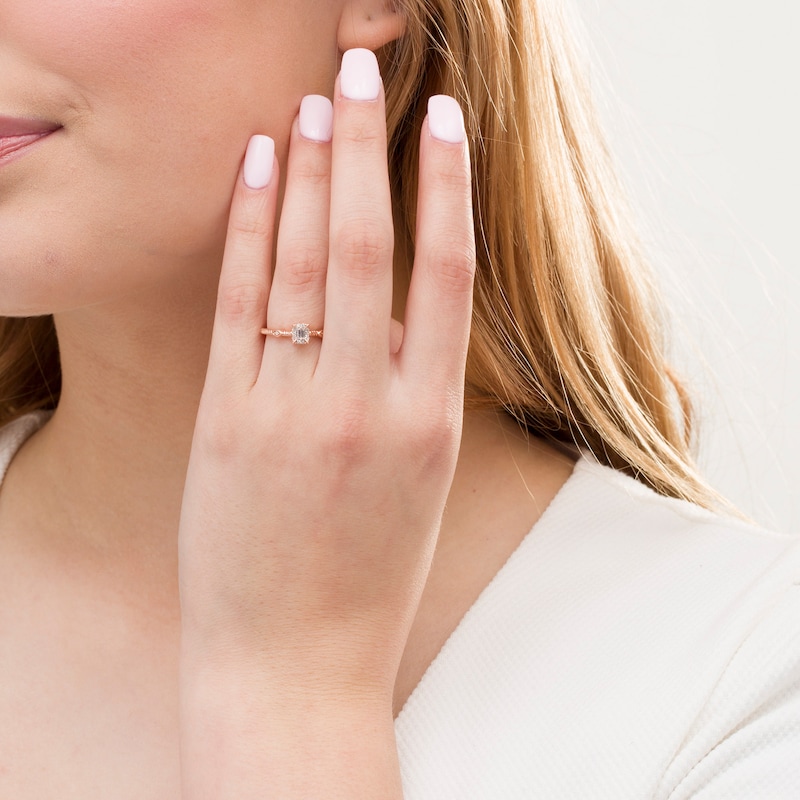Main Image 2 of 0.10 CT. T.W. Baguette and Round Diamond Vintage-Style Rope Shank Promise Ring in 10K Rose Gold
