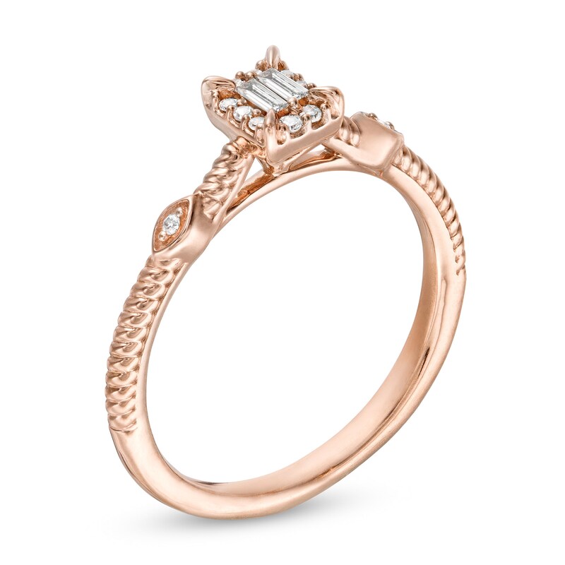 Main Image 3 of 0.10 CT. T.W. Baguette and Round Diamond Vintage-Style Rope Shank Promise Ring in 10K Rose Gold