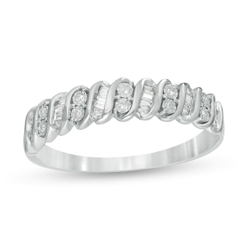 0.12 CT. T.W. Baguette and Round Diamond Stackable Spiral Anniversary ...
