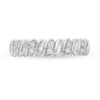 0.12 CT. T.W. Baguette and Round Diamond Stackable Spiral Anniversary Ring in 10K White Gold