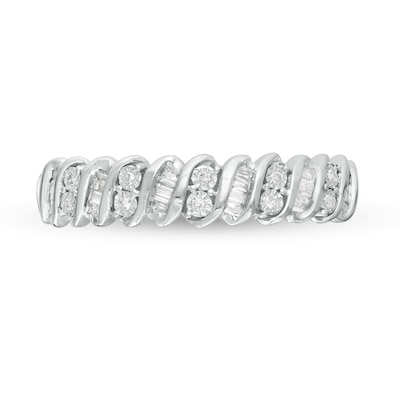 0.12 CT. T.W. Baguette and Round Diamond Stackable Spiral Anniversary Ring in 10K White Gold