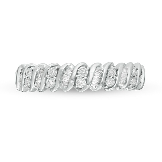 0.12 CT. T.W. Baguette and Round Diamond Stackable Spiral Anniversary Ring in 10K White Gold