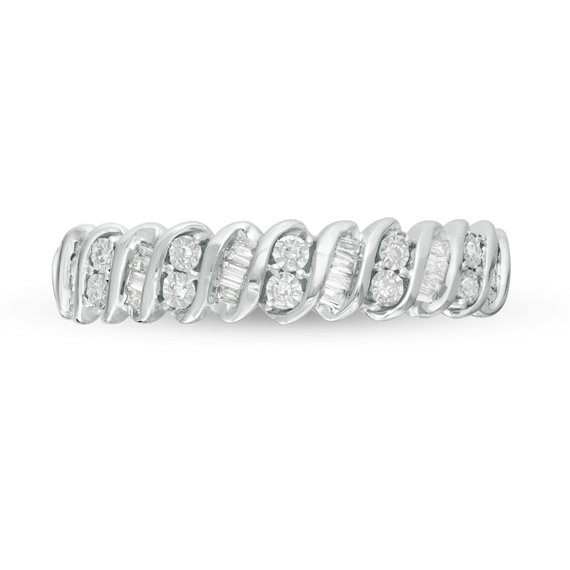 Main Image 4 of 0.12 CT. T.W. Baguette and Round Diamond Stackable Spiral Anniversary Ring in 10K White Gold