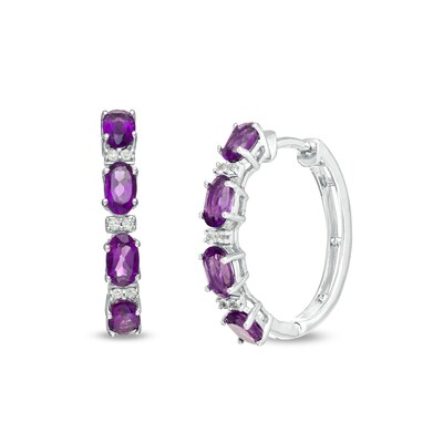 Oval Amethyst and Lab-Created White Sapphire Hoop Earrings in Sterling Silver