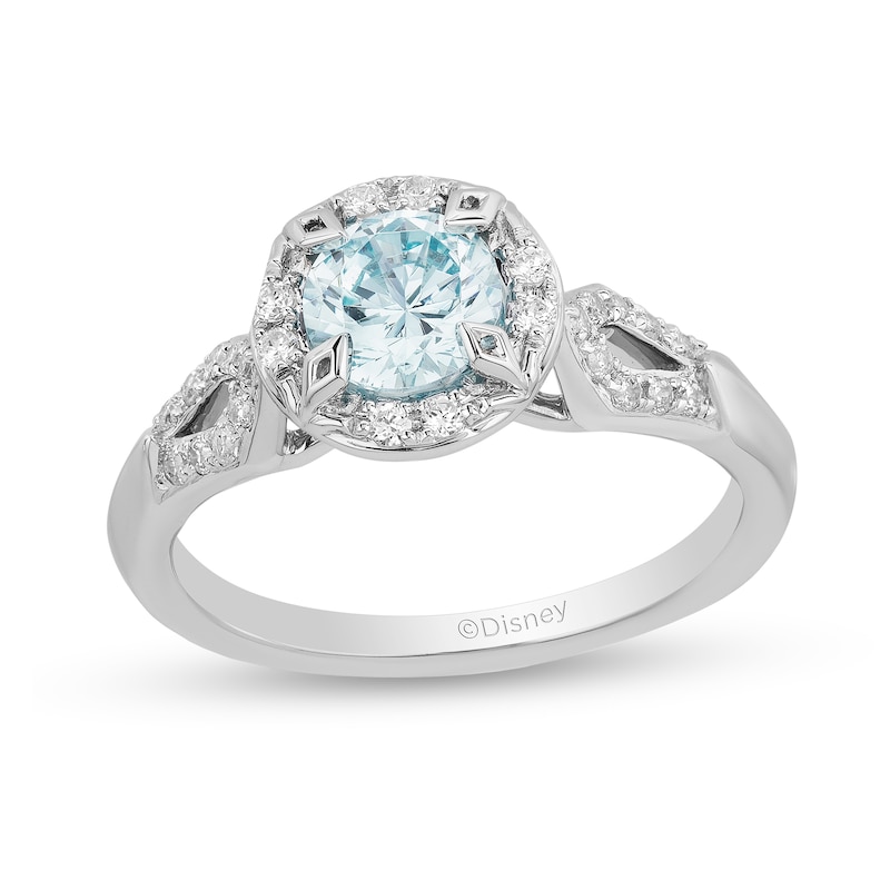 Enchanted Disney Elsa 6.0mm Aquamarine and 0.18 CT. T.W. Diamond Frame Engagement Ring in 14K White Gold|Peoples Jewellers
