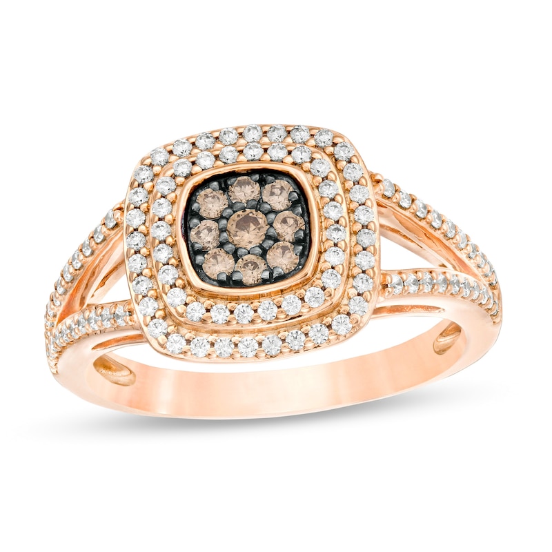 0.50 CT. T.W. Champagne and White Composite Diamond Cushion Frame Split Shank Ring in 10K Rose Gold|Peoples Jewellers