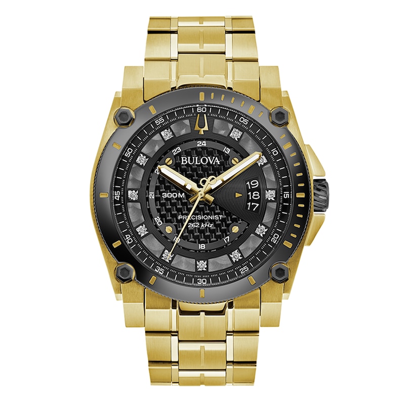 Main Image 1 of Men's Bulova Precisionist 0.04 CT. T.W. Diamond Gold-Tone Watch with Black Dial (Model: 98D156)